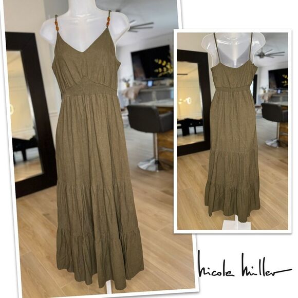 Nicole Miller Olive Green Tier Linen Maxi Dress. Size Extra Small - Picture 1 of 10